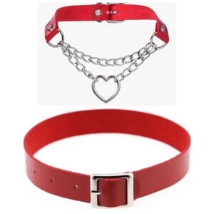 2 Red Leather Chain Link Heart & Buckle Choker Collar Punk Goth BDSM Ddlg Kawaii